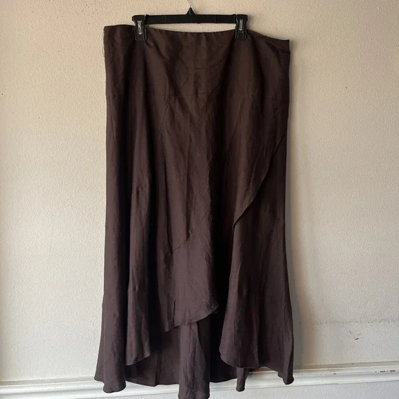 NY Collection Woman Linen Blend Asymmetrical Flowy Lagenlook Brown Skirt 1X - Picture 2 of 11